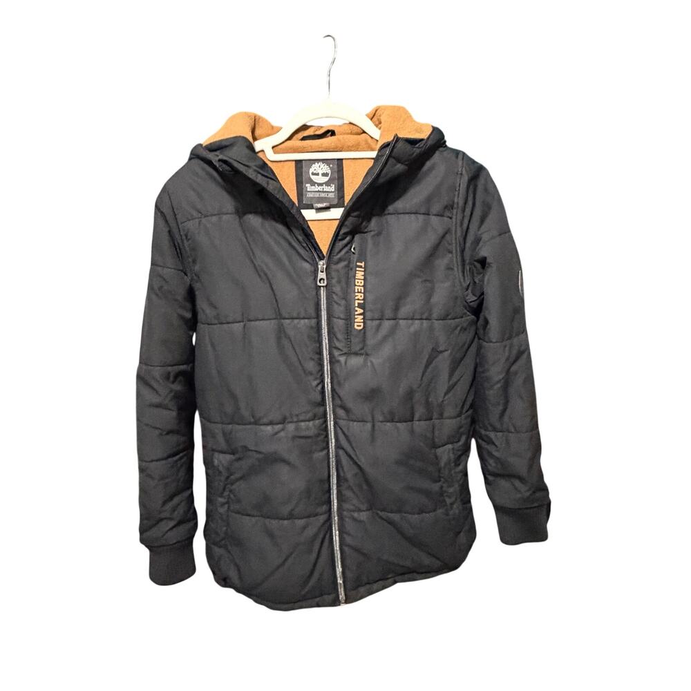 Timberland Boys Puffer Jacket L 14-16 Black Hooded Fleece Lined Winter Coat